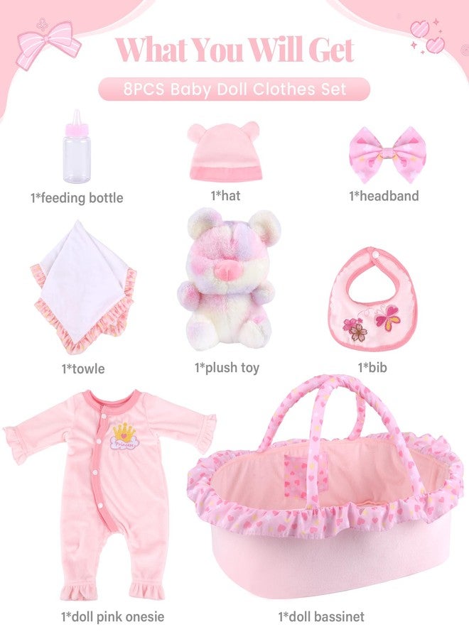 BABESIDE 8 Pcs Reborn Baby Doll Clothes with Bassinet for 17-22 Inch Babydolls, Reborn Baby Doll Accessories and Baby Dolls Clothes fit Newborn Baby Dolls Girl, Pink - Image 4